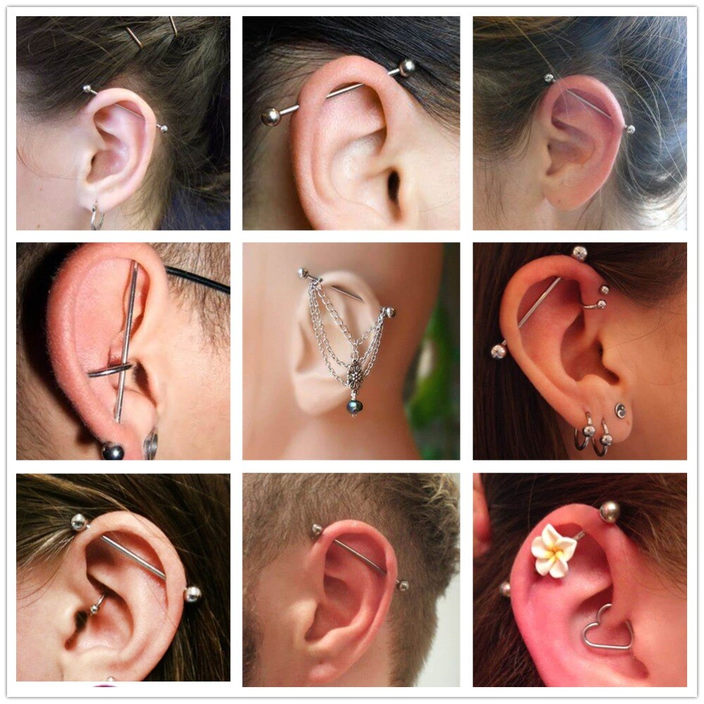 1 pièces en acier chirurgical longue industrielle haltère anneau langue anneau mamelon barre anneau oreille Tragus hélice Sexy Piercing bijoux de corps