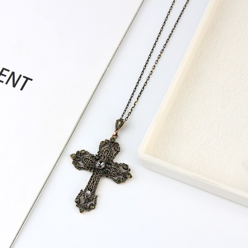 Sunspicems Vintage Grijs Rhinestone Cross Hanger Ketting Earring Sets Voor Vrouwen Religieuze Kerk Sieraden Turkse