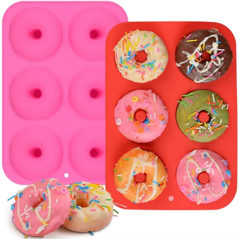 6-See-Silikon-Krapfen-bilden, Backform, antihaftbeschichtet, zum Backen, Gebäck, Schokolade, Kuchen, Nachtisch, DIY-Dekoration, Werkzeuge, Bagels, Muffins, Donuts: Rosa