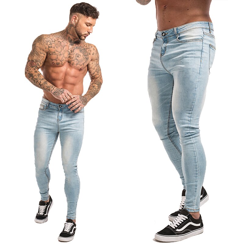 GINGTTO Jeans Men Elastic Waist Skinny Jeans Men Stretch Ripped Pants Streetwear Mens Denim Jeans Blue: sky blue zm32 / 34