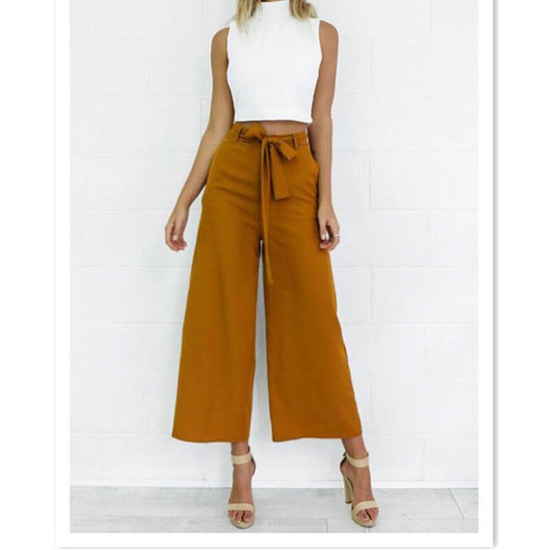 Pantalones Palazzo Culottes Mujer suelta alta cintura ancha pierna sólida pantalones largos sólido verano otoo