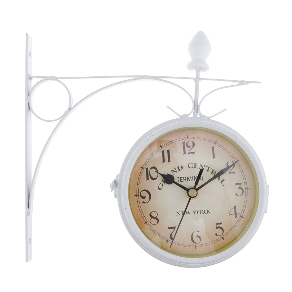 Reloj de pared de doble cara de estilo estación de tren de hierro, reloj redondo de estilo Vintage con soporte lateral de pared de desplazamiento: Blanco