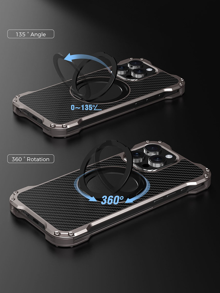 R-just Metal Carbon Fiber Case For Iphone 15 16 14 13 Pro Max Cover Lightweight Aluminum Alloy Funda Coque Built-in Holder Ring