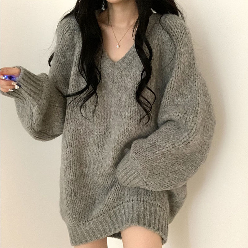 Pull mi-long en tricot pour femme, style paresseux, col en v, étudiant Y2K, version coréenne, fin et polyvalent, top