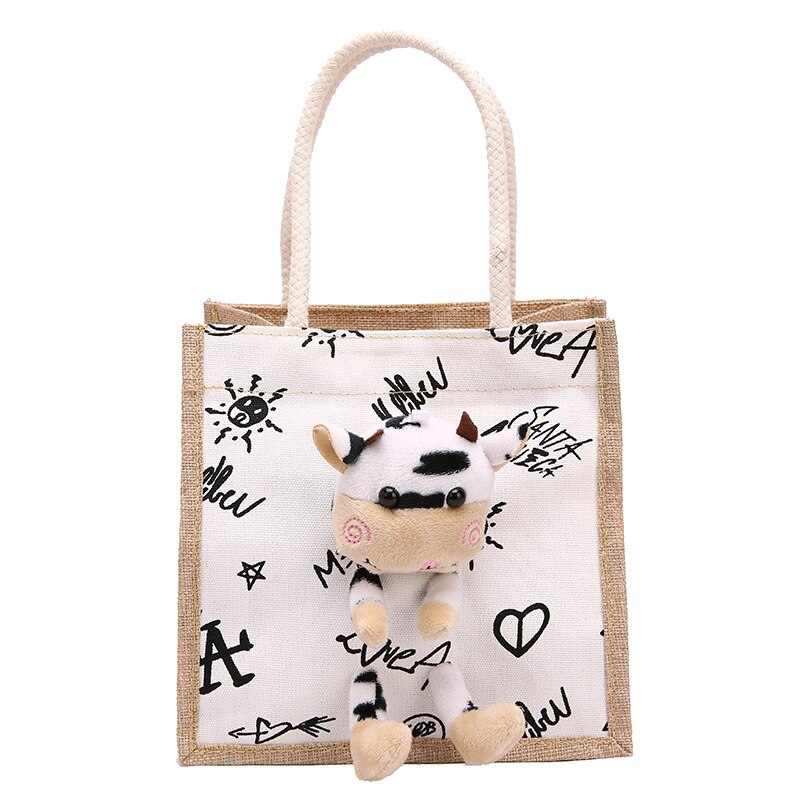 Cute Calf Canvas Bag Women's Portable Graffiti Lunch Bag Trendy Cute Internet Celebrity Lunch Box Handbag: White letters