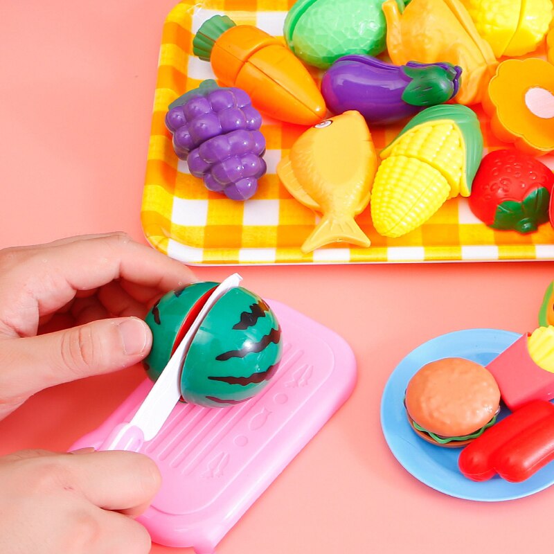 Kit de cocina de plástico para niños, juego de simulación de frutas y verduras, juguete educativo para cortar, de cumpleaños, 150 piezas