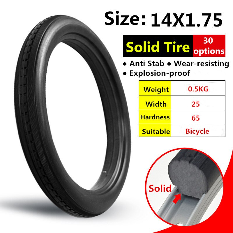 14*1.75 Bicycle Fixed Free Inflatable Solid Tire 14x1.75 Anti Stab Riding MTB Road Bike Tyre: Default Title