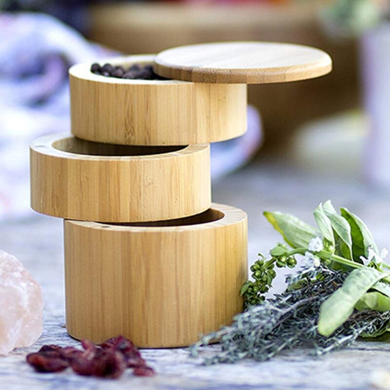 Caja de sal de bambú de tres capas, caja creativa para especias, soporte para sal con tapa, soporte para encimera, sal y Peper