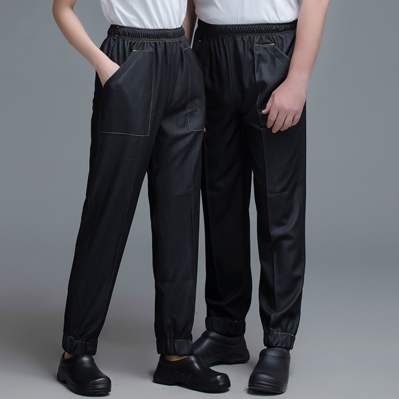 Elastic Waist Chef Pants Stretch Denim Fabric Cook Work Pants Bakery Barber Trousers Food Service Catering Hotel Kitchen Uniform