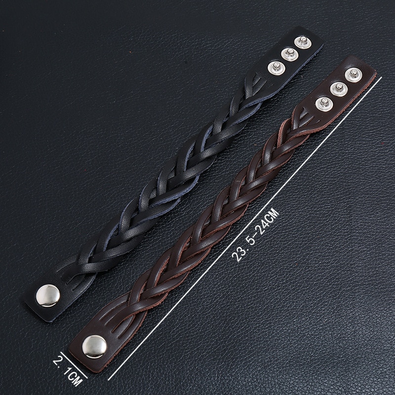 Black Brown Braided Leather Bracelet Men Punk Metal Button Wrap Wristband Bracelets for Men Accessories