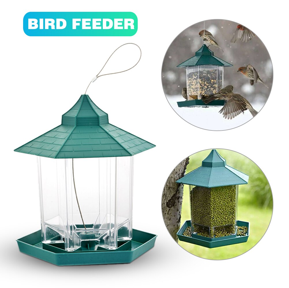 Green Bird Feeder Plastic Hanging Bird Food Container Outdoor Waterproof Bird Feeder Pet Drinking Fountain Dispenser