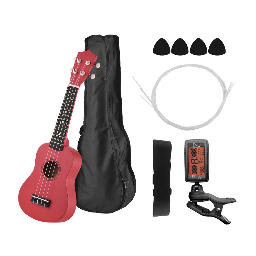 Ukulele Soprano acoustique de 21 pouces, Kit Uke en tilleul avec sac de transport, cordes de sangle Uke, médiators de guitare, accordeur noir: Red
