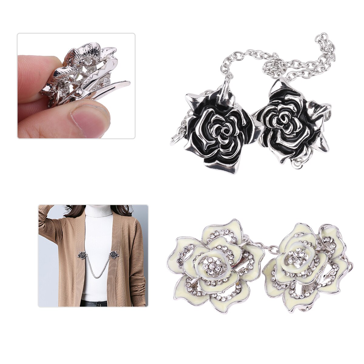 Clip de Rebeca para suéter para mujer, pasador de seguridad Vintage con flores, soporte para cuello de camisa, broche de Metal de cristal, Pin de cocodrilo artesanal