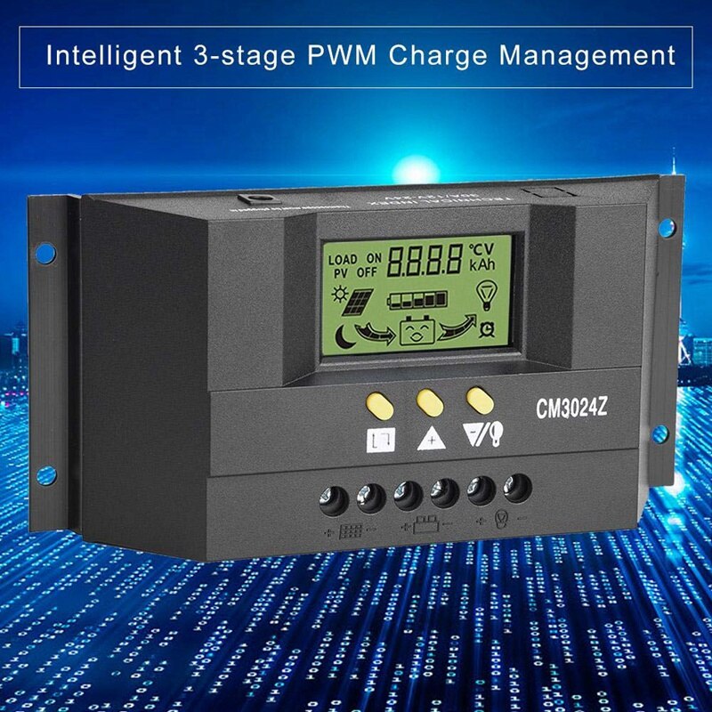 CM3024Z 12V/24V 30A Regulator Generator Charge Mode PWM Voltage LCD Solar Controller Plug In