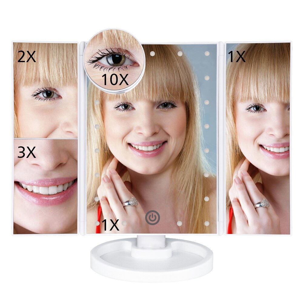 Meikkipeili valolla 22 led-pöytä 1x 2x 3x 10x suurentava peili kosketusnäyttö meikkipöytä taitettava säädettävä kosmeettinen työkalu: Valkoinen