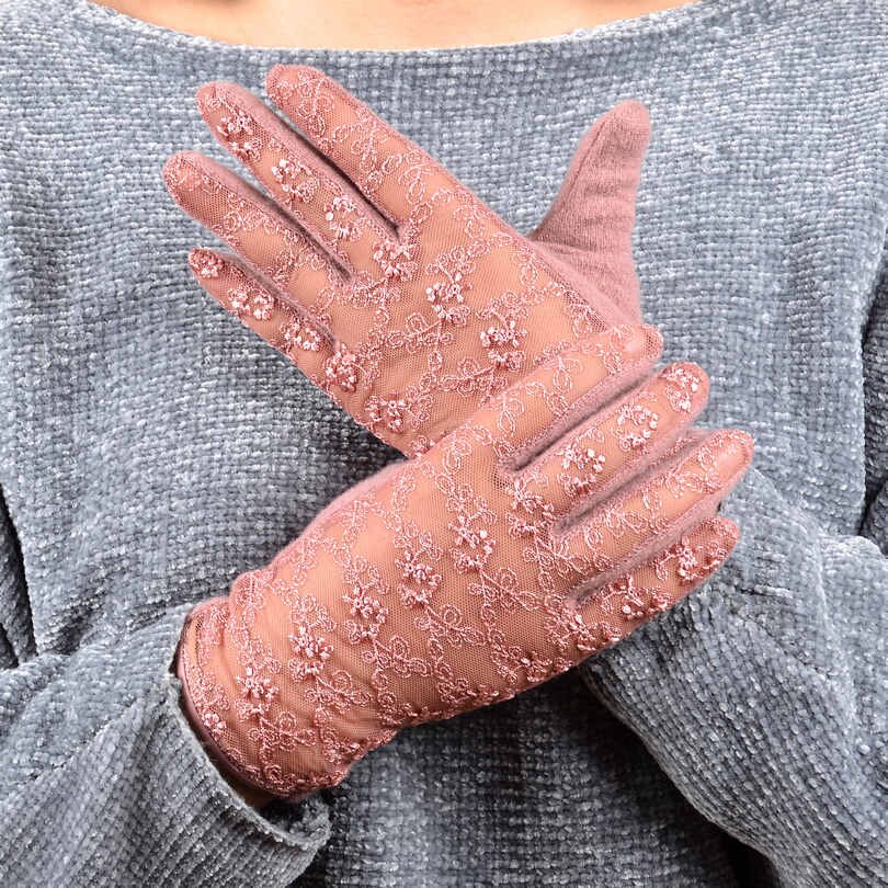 [BYSIFA] – gants d&#39;hiver en laine de cachemire pour femmes, Sexy, noirs, à la , en dentelle brodée, doux, rose, gris: sweet pink