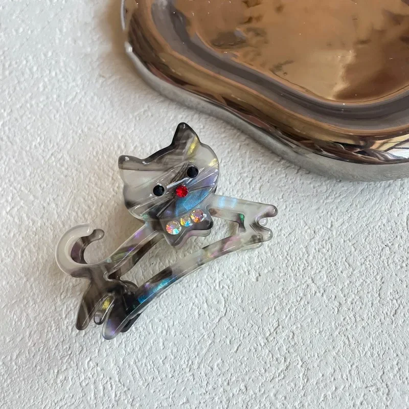 Pinza para el pelo de gato con diamantes de imitación para mujer y niña, pinzas para el pelo de acetato con dibujos de animales, gatito y cangrejo, accesorios para el cabello Kawaii: Rojo