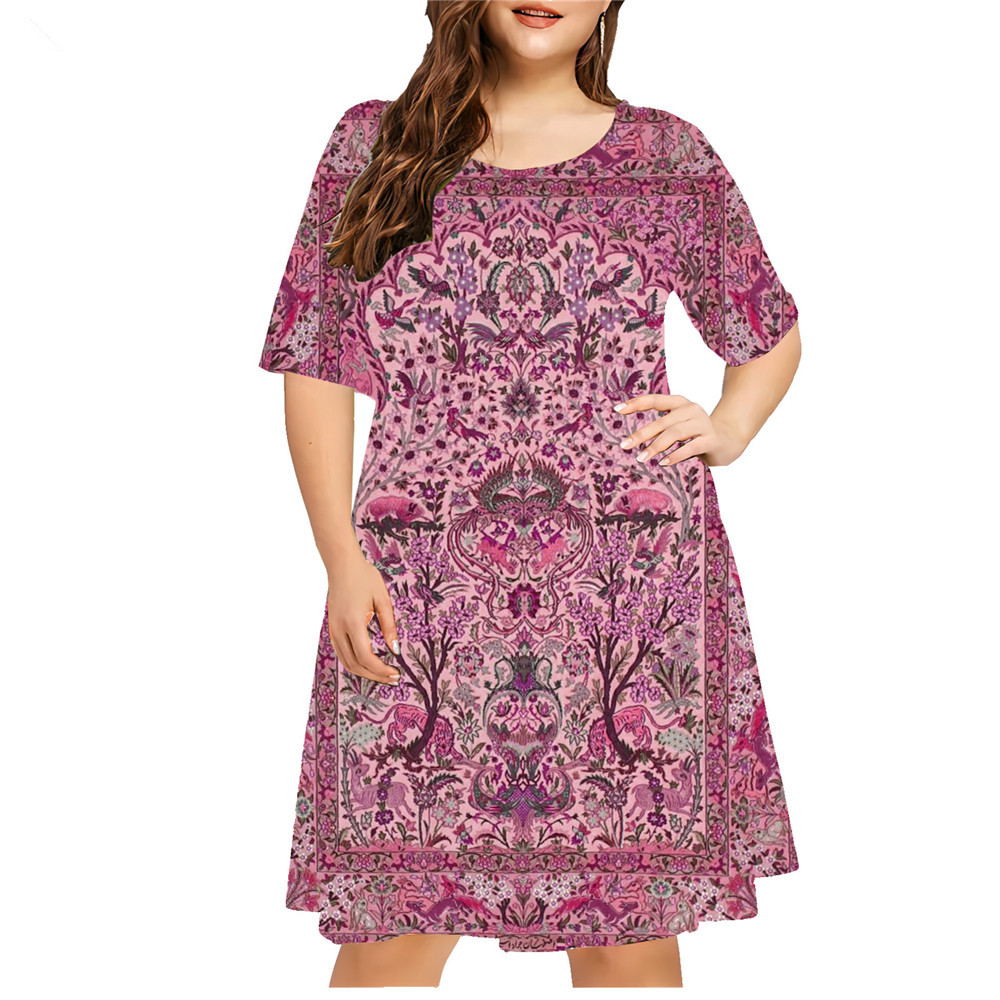 Vestido estampado em 3D com estilo étnico feminino, plus size, casual, manga curta, solto, linha A, verão, vintage, senhoras, tamanhos grandes, 6XL