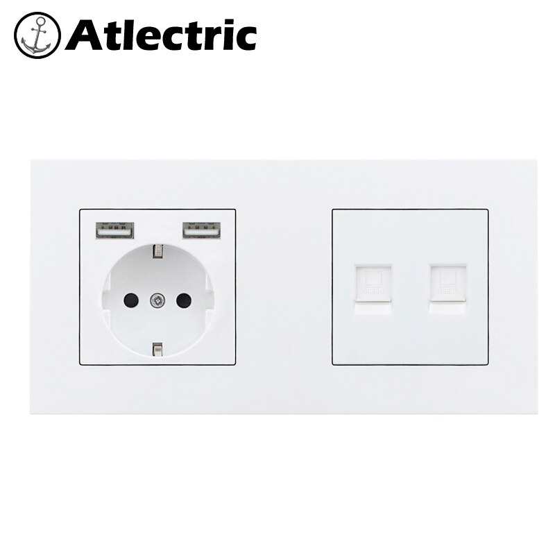 Atlectric DE EU Power Socket Dual USB Charging Port RJ45 TV Television Computer Double Socket Plastic PC Panel Wall Outlet