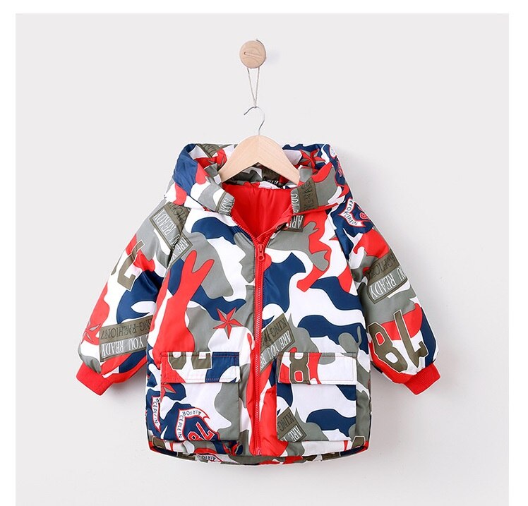 3-7 years old children baby down jacket thick winter boys and girls camouflage baby hooded autumn and winter warm jacket: Red / 3T