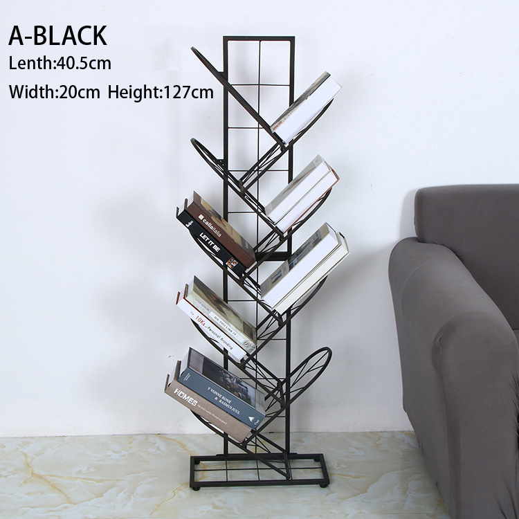Wrought Iron Tree-shaped Bookshelf Multi-layer Floor Bookcase For Living Room Study Office Simple Bookshelf: A-BALACK