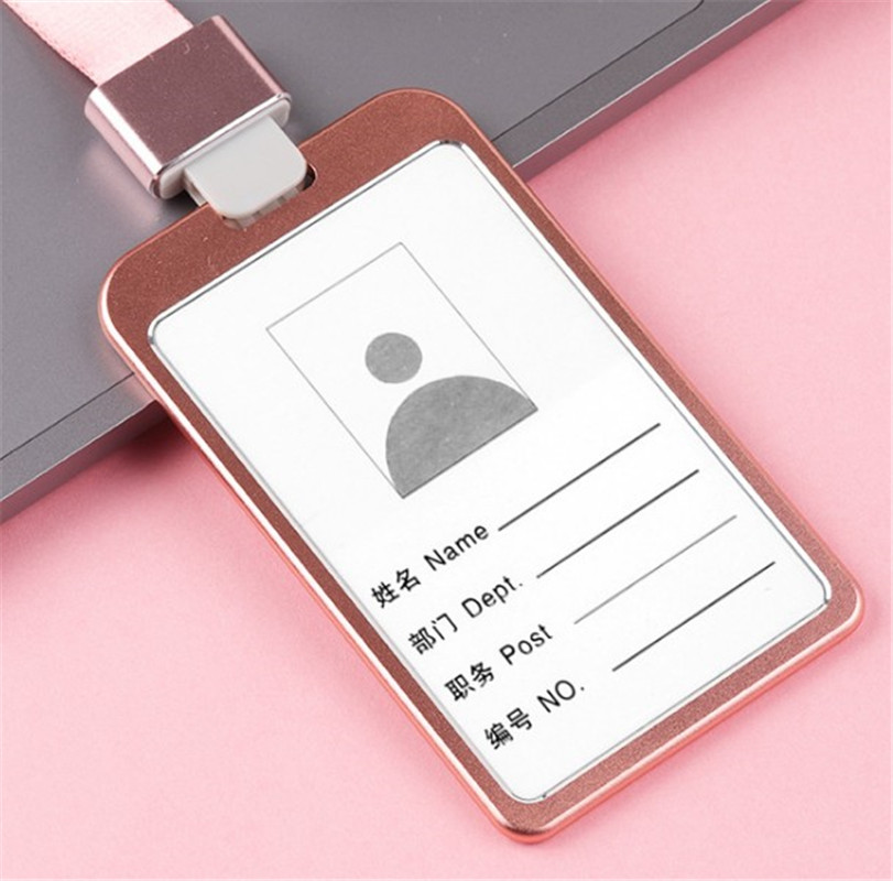 Unisex Business Work Card Aluminum Alloy Work Name Card Holders ID Badge Lanyard Holder Vertical Metal ID Business Case: rose gold