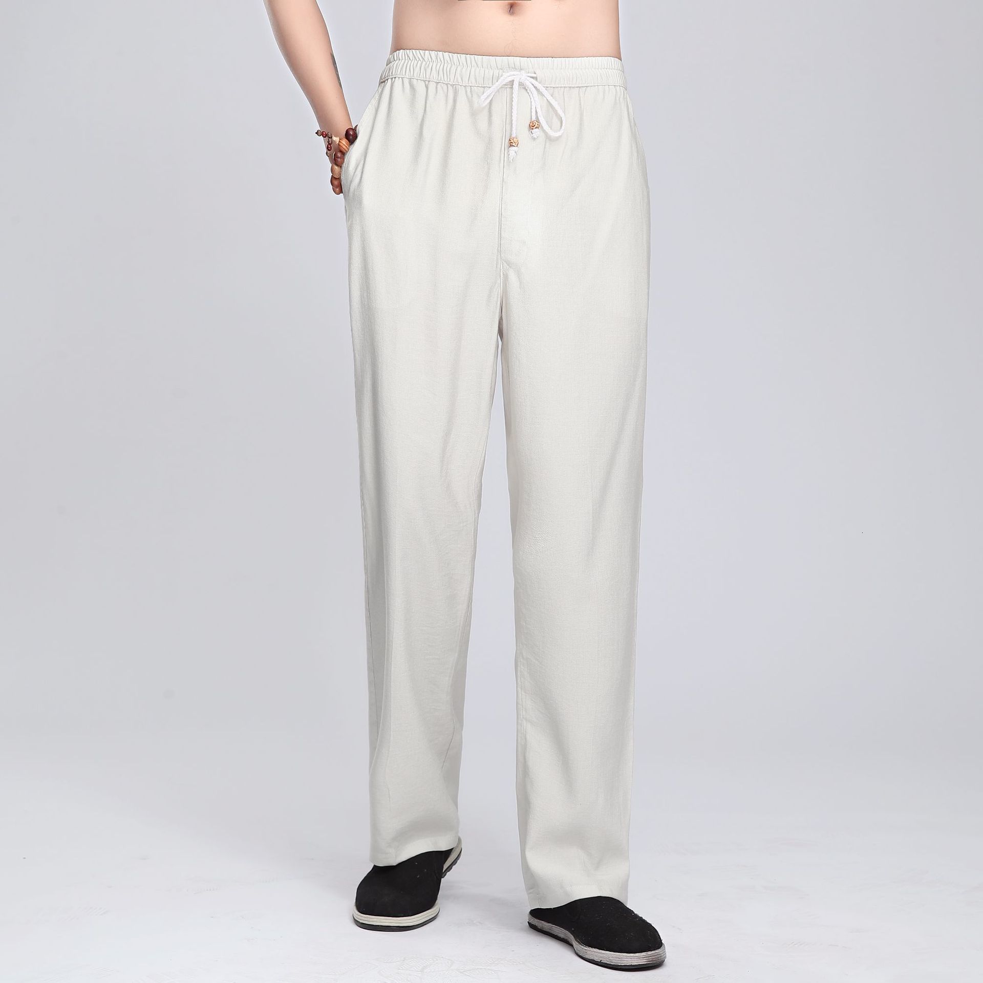 Homme bleu Beige noir chinois traditionnel coton lin pantalons décontractés Kung Fu pantalon Wu Shu Tai Chi pantalon grande taille XXL 3XL: Beige / M