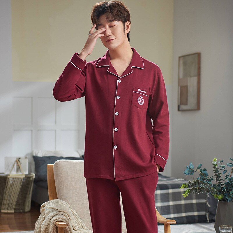 Solid Color Cotton Men Pajamas Leisure Suit May Be Outer Wear Clothing Comfortable and Breathable Autumn & Winter Fold-down Coll