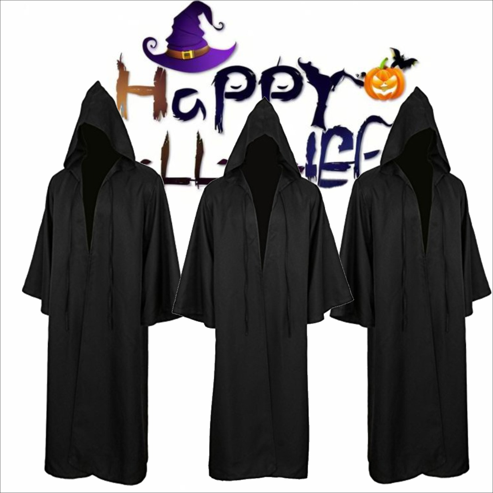 Capa de halloween macia unissex com capuz, camisa longa, robe preto, capa de bruxa, cosplay, feiticeiro, adereço, suprimentos para festa, decoração de feriado