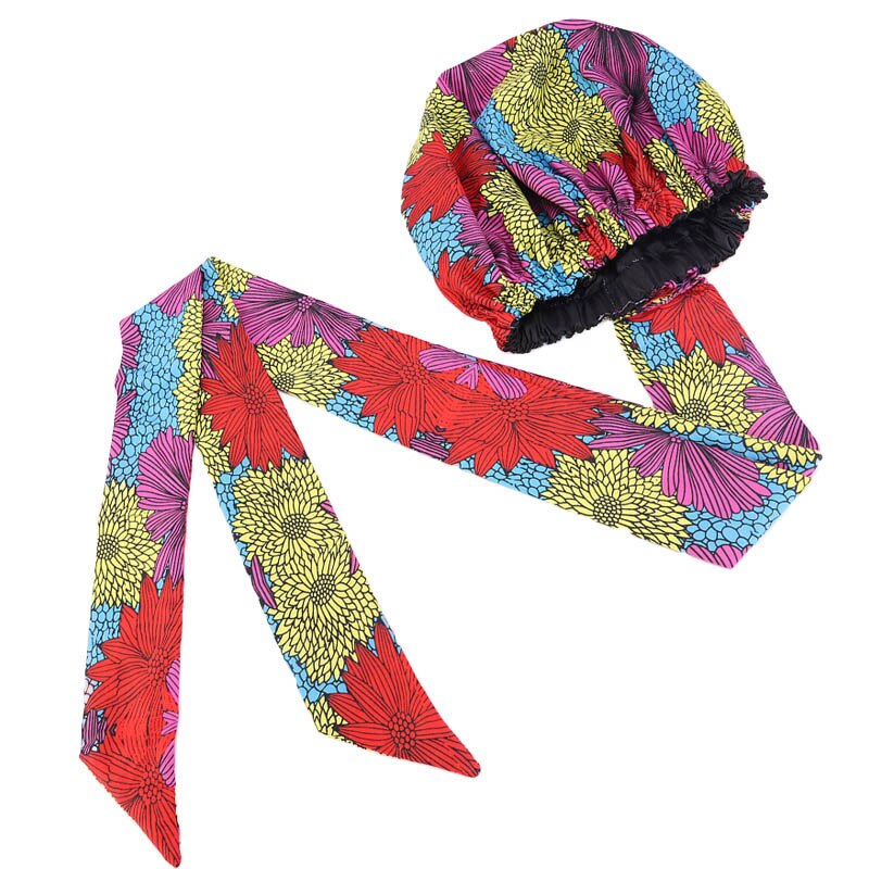 Gorros africanos para el pelo para mujer, gorro de satén con estampado, Cinta Larga de doble capa, con patrón, talla grande, 1 unidad, 38cm: Type 3