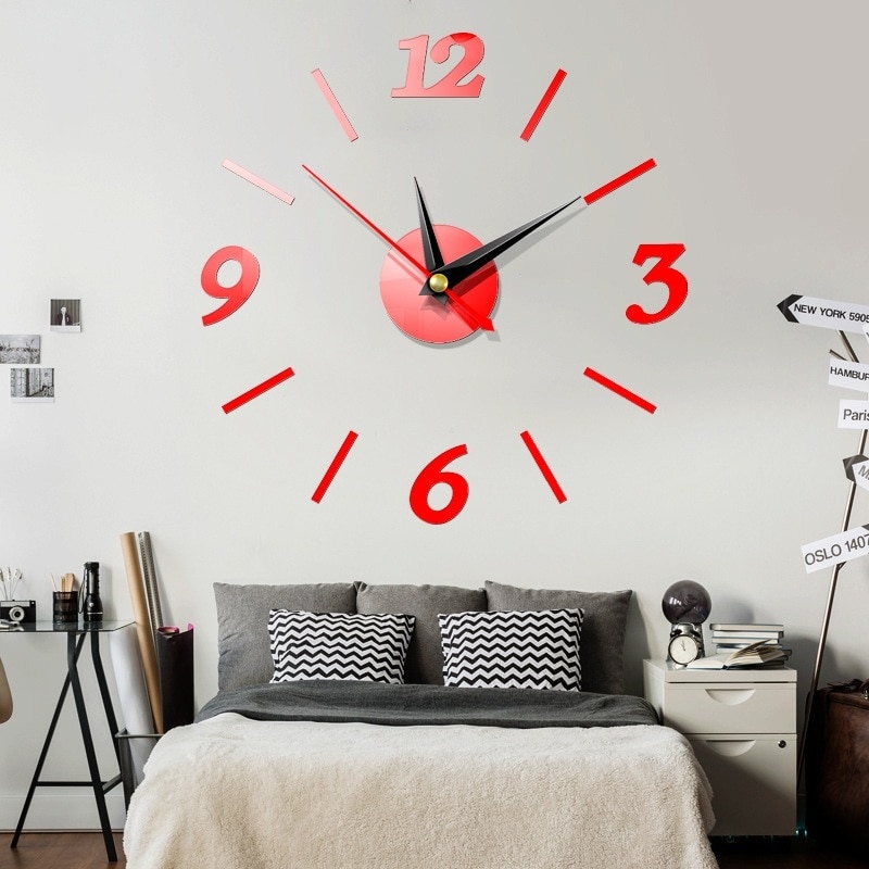 Reloj de pared 3D DIY, decoraciones de pared de cuarzo, adorno de pared de salón, relojes de cocina, espejo acrílico, adhesivos Reloj de pared, decoración del hogar: Rojo