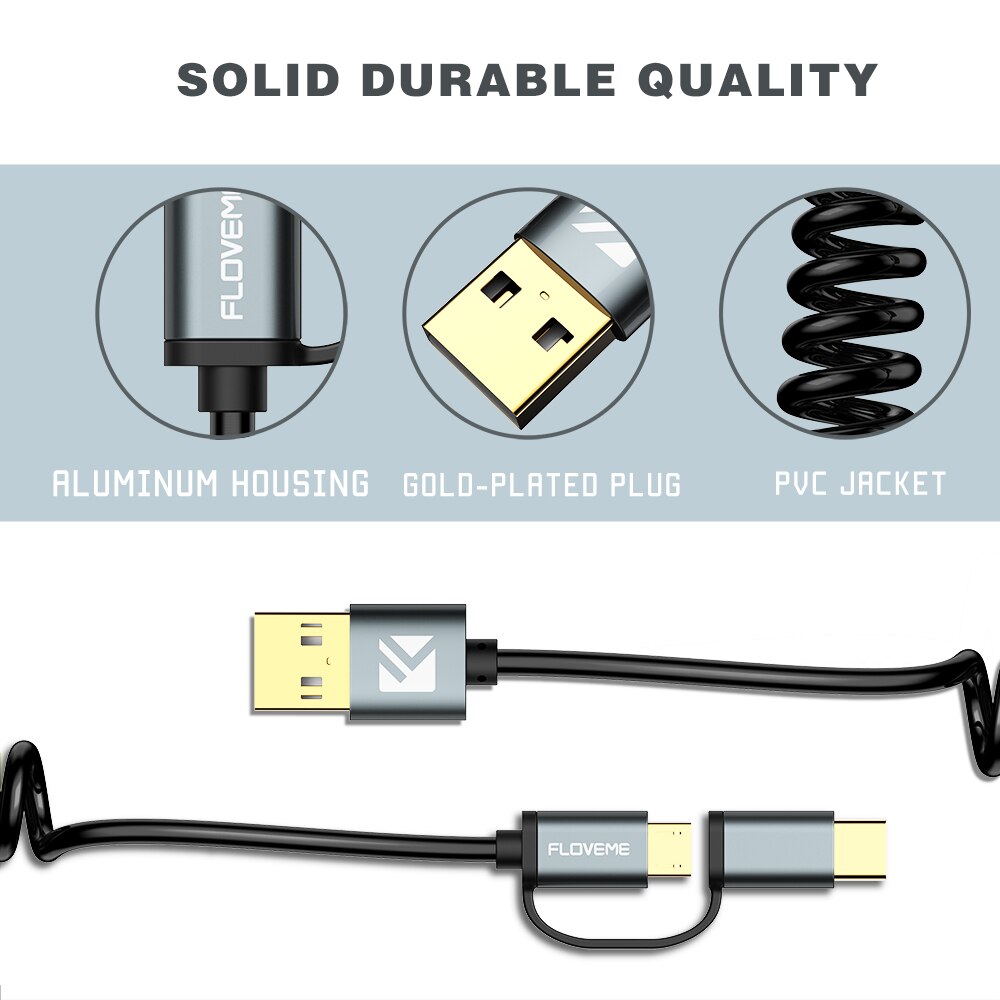 FLOVEME 2 in 1 Type C Micro USB Cable For Samsung Xiaomi Redmi Note 7 K20 Oneplus 7 Pro Retractable QC 3.0 Fast Charging Cable