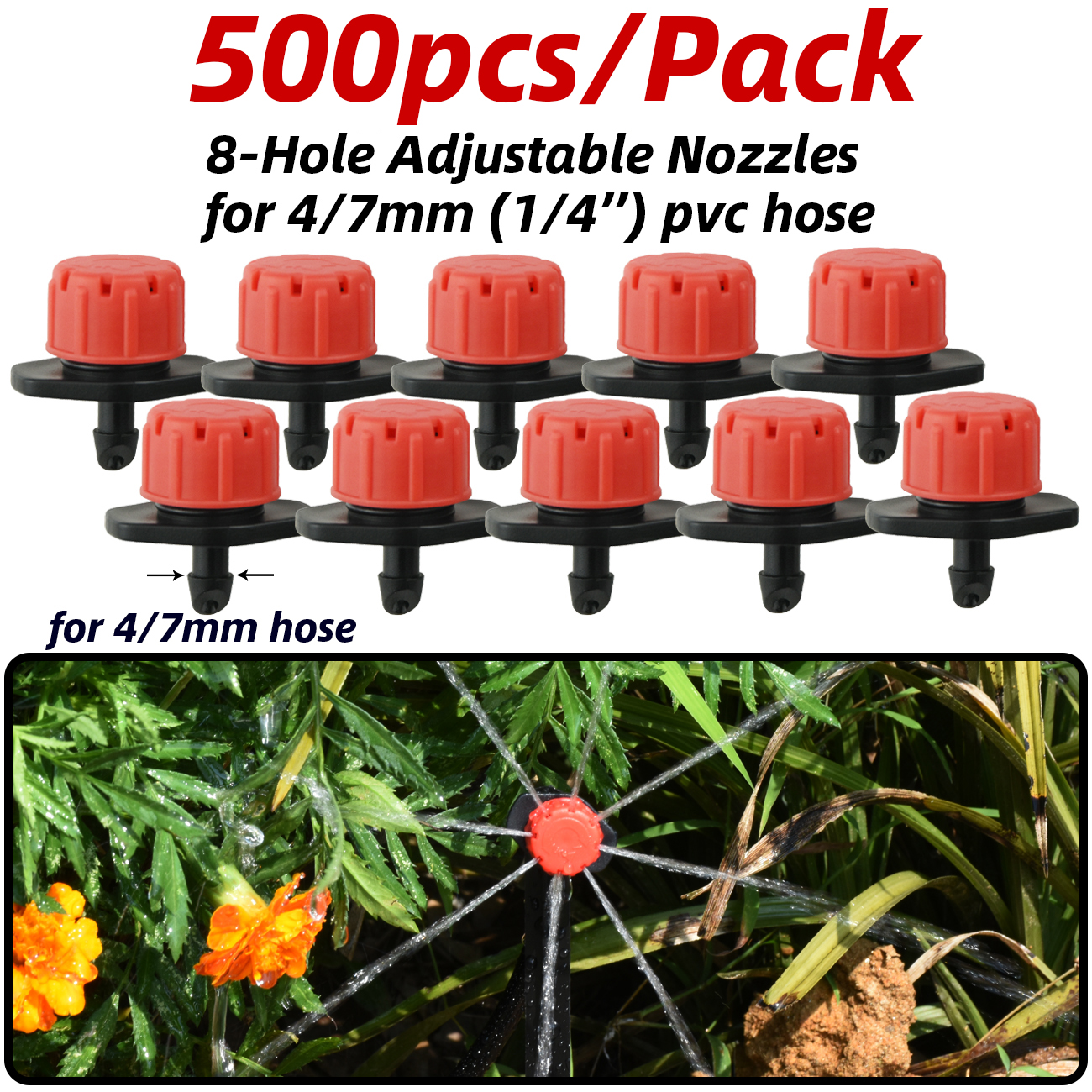 30-800PCS Garden 4/7mm Adjustable Dripper Greenhouse Sprinkler Micro Drip Irrigation Watering Anti-Clogging Emitter 1/4inch Hose