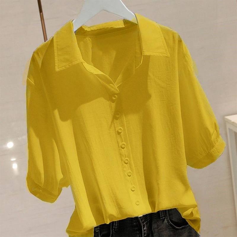 Summer Korean Solid Lapel Buttons Simple Oversized Short Sleeve Shirt Female Loose Casual Fruit Green Blouse Blusas