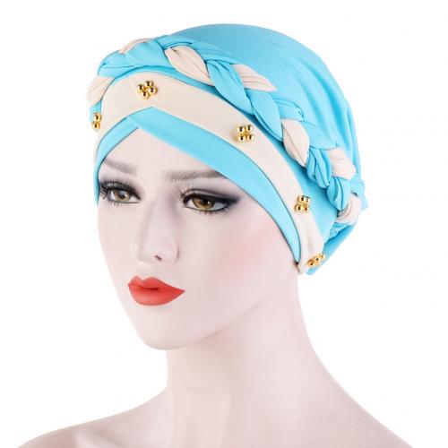 Kvinnor tvinnad flätad turban hatt hijab mössa pärlor håravfall huvudskydd huvudbonader huvudbonad hår styling tillbehör muslim halsduk: Sjöblå beige