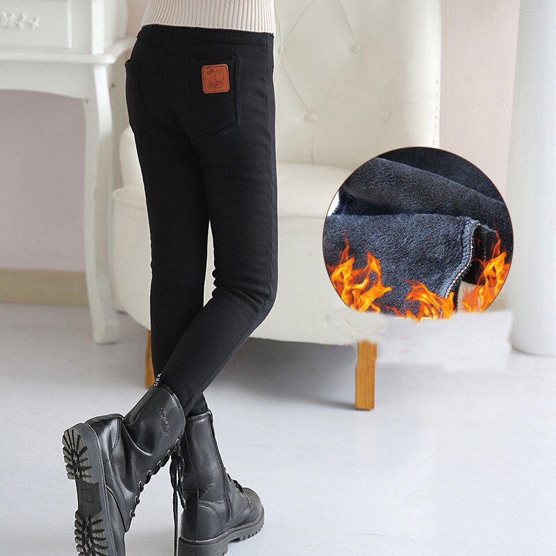 Tjejer tjocka varma leggings höst vinter barn pennbyxor skinny fleece byxor för tjejer barn byxor 3-12 år: Svart / 3t