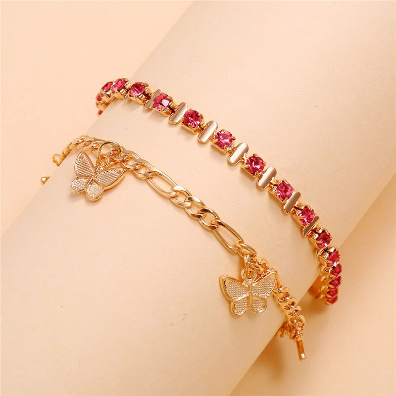 Bracelet de cheville papillon couleur or modyle pour femme, bracelet de cheville en cristal rouge