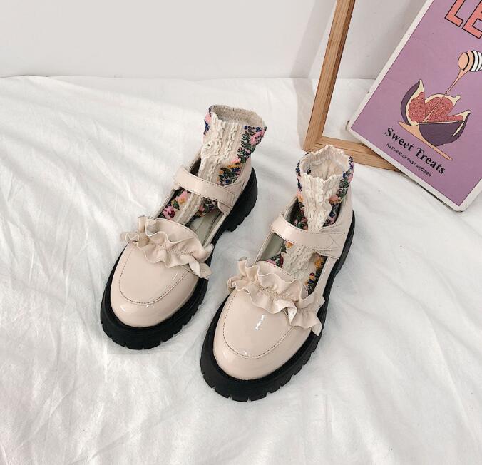 Lolita kengät kawaii kengät naiset harajuku nukke kengät pyöreä varvas alusta yksikengät naisten pienet nahkakengät zapatos mujer 388: Beige / 7