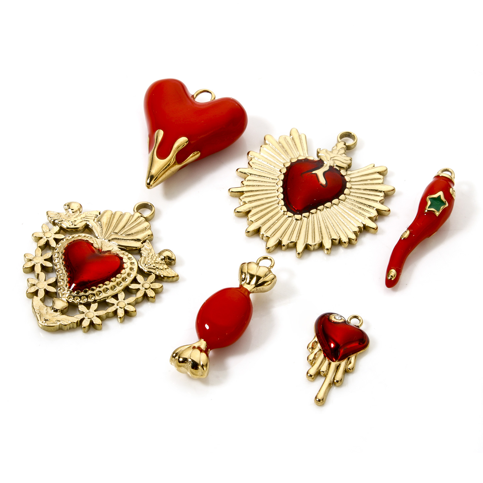 1 pieza de dijes de acero inoxidable 304, colgantes de corazón rojo chapados en oro de 14 quilates, colgantes de corazón Ex Voto para hacer joyería DIY, accesorios para collares