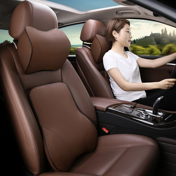 Bil svankkudde bilsäte svankstöd kudde nackstöd nacke livmoderkudde resor memory foam fiber läder bilkuddar: Kaffeset