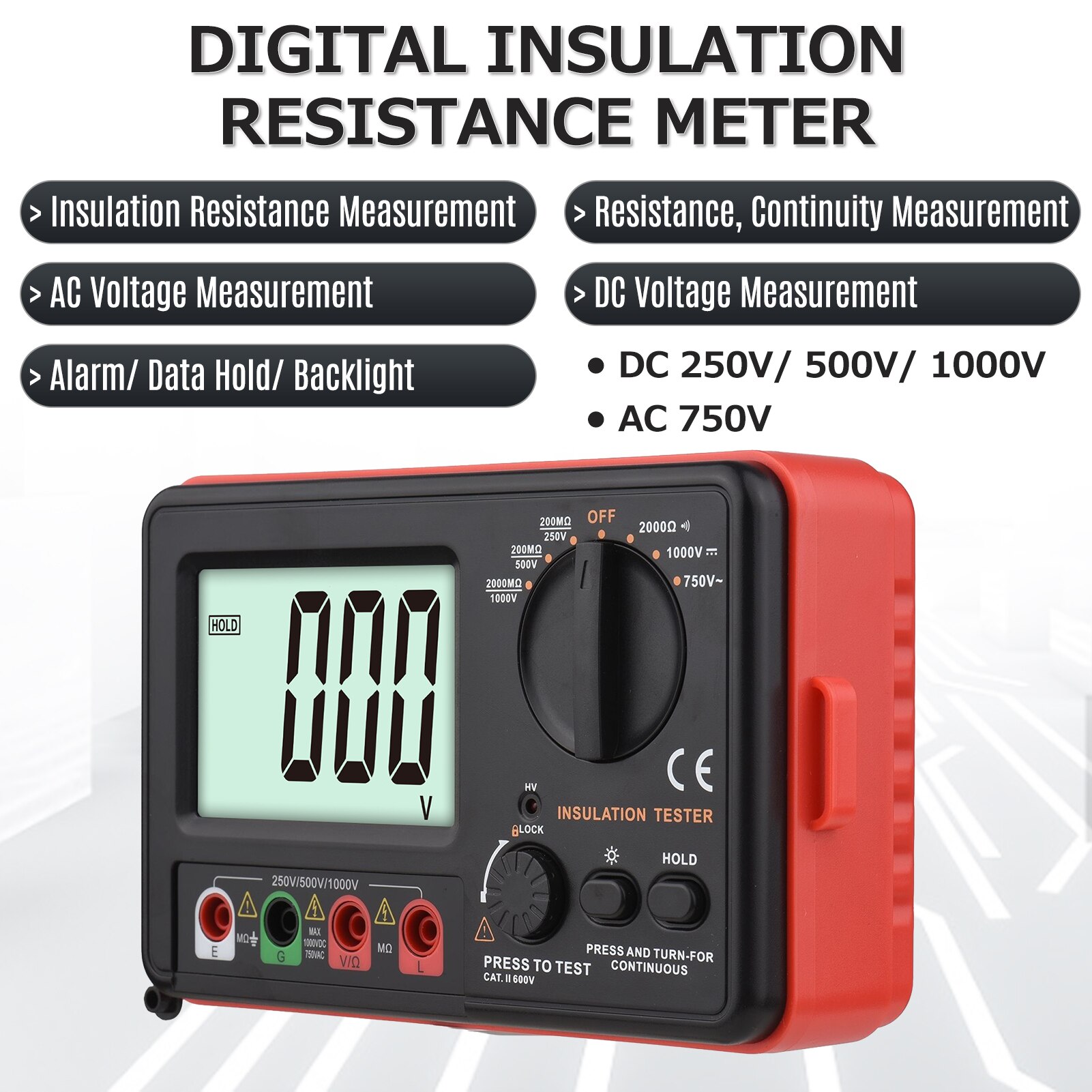 Digital Insulation Resistance Tester DC 250V/ 500V/ 1000V AC 750V Multifunction Insulation Resistance Meter Kit with Backlight