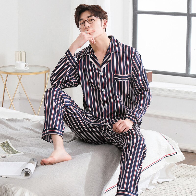 LONXU Pyjama Set Heren Zijde Satijn Pyjama Lange Mouwen Loungewear Tweedelige Nachtkleding Button-Down Pj Set S-XXXXL, Zwart gestreept, M