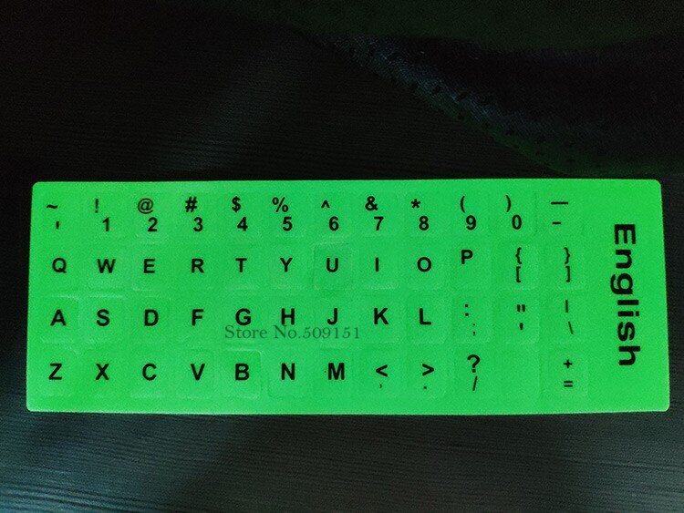 Selvlysende tastaturklistermærker engelsk russisk hebraisk japansk italiensk thai glowing lumious 11 12 13 14 15 17 tommer stationær bærbar computer