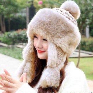 Thick warm fluff Bomber hats for women winter Chapeau chaud cute ethnic style women anti-cold earmuffs hat women&#39;s hat: khaki