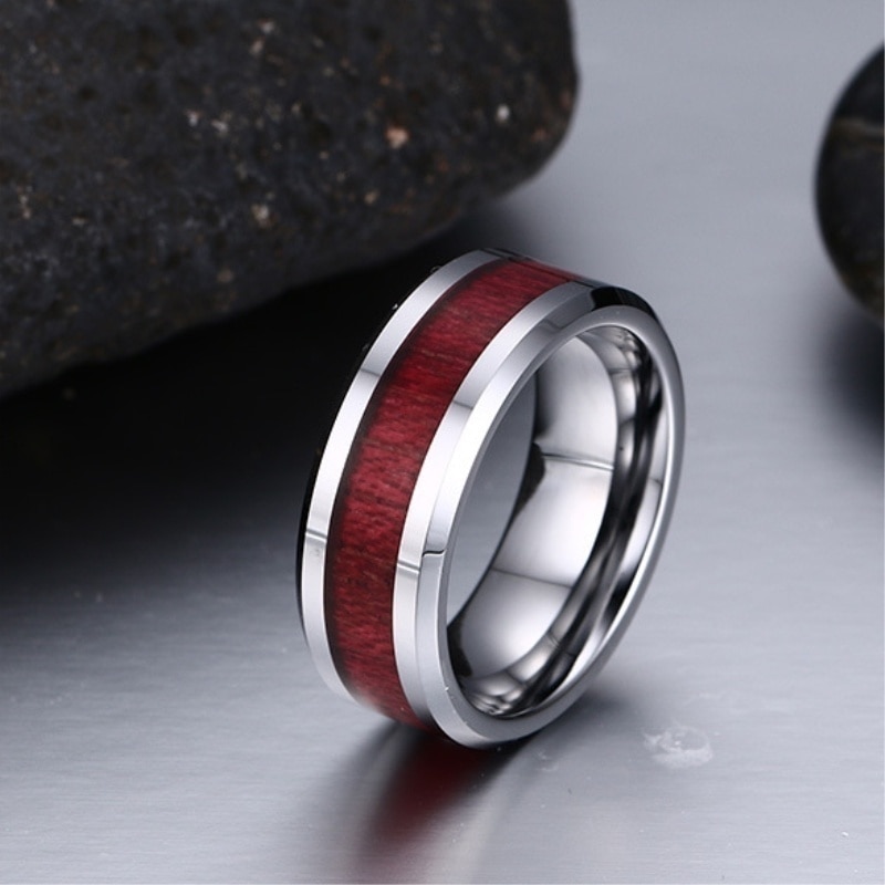 FDLK Alloy Ring for Men 8mm Hawaiian Wood Stainless Steel Engagement Wedding Rings Size 6-13