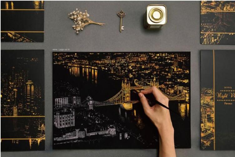 4 stücke Scratch City Night View Bilder A3 größe Kinder Schaben Malerei Scratch Städtischen Nacht Ansicht Papier Malerei Spielzeug Kunst