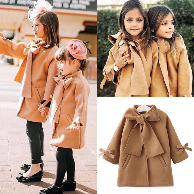 Toddler kids baby piger vinter varm bowknot coat frakke outwear jakke uldblanding