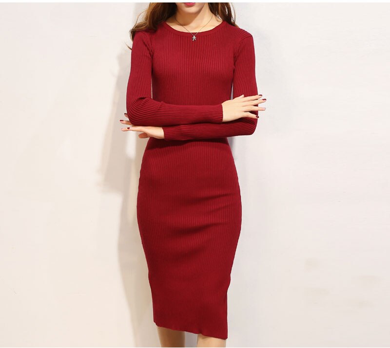 Women Autumn Winter Sweater Dresses O-Neck Solid Slim Long Knitted Dress Sexy Bodycon Robe Dress AE2073