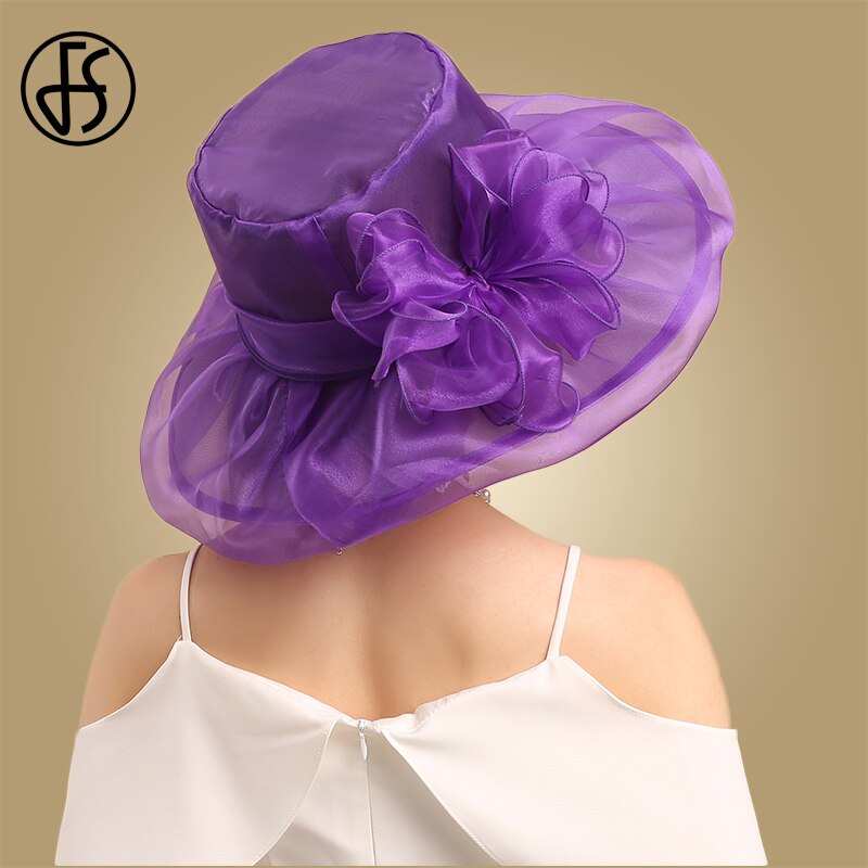 Sombreros de Organza de ala ancha para mujer, sombreros para la Iglesia, sombreros para el sol con flores grandes, plegables, color blanco y rosa, color púrpura