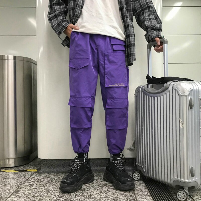 Pantalones Cargo morados para hombre, pantalón holgado de Hip Hop para correr, monos con bolsillos, pantalones de chándal de para estudiantes, ropa de calle coreana para hombre